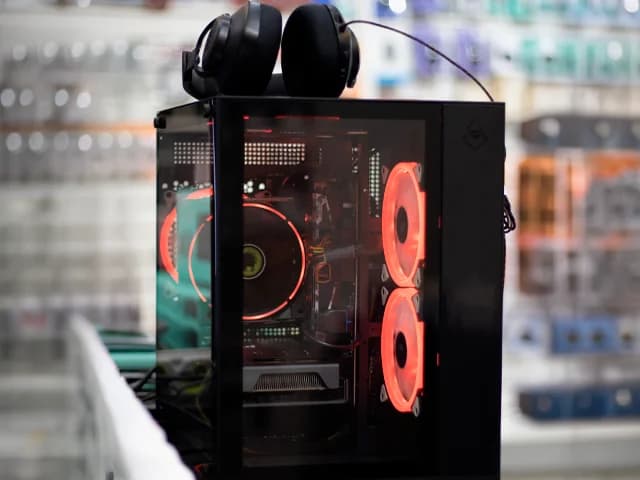 Gabinete de computador desktop aberto mostrando placa-mãe, memória e fonte, sobre fundo neutro claro